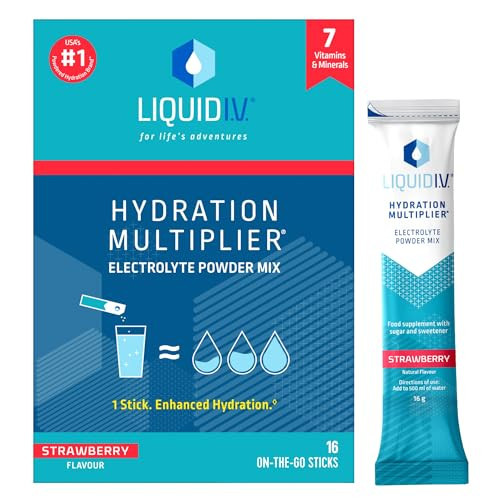 Liquid I.V. Hydration Sachets | Strawberry | Electrolyte Powder Mix | 1 Pack (16 Sticks) | 7 Vitamins and Minerals | Vegan | Amazon (UK)