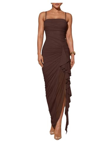 Milumia Women's Ruched Ruffle Mesh Cami Dress Split Thigh Bodycon Long Cocktail Dresses | Amazon (US)