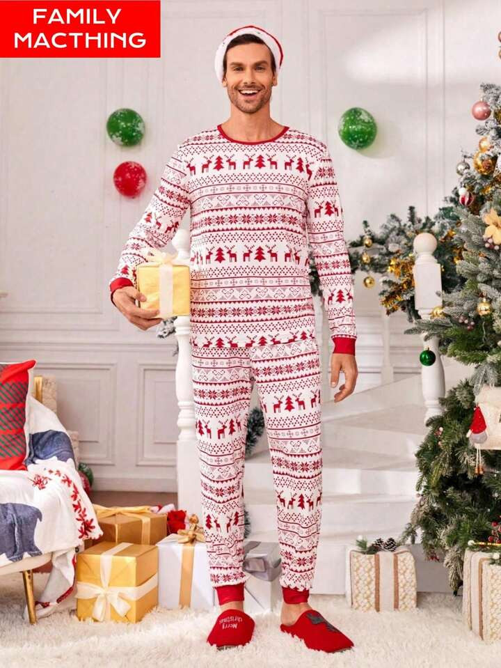 2 Pcs Men's Christmas Pajamas Set, Reindeer Fairisle Print Long Sleeve Shirt And Long Pants, Comf... | SHEIN