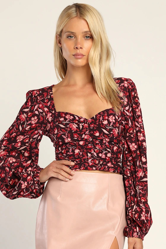 Blooming with Beauty Burgundy Floral Ruched Long Sleeve Top | Lulus (US)