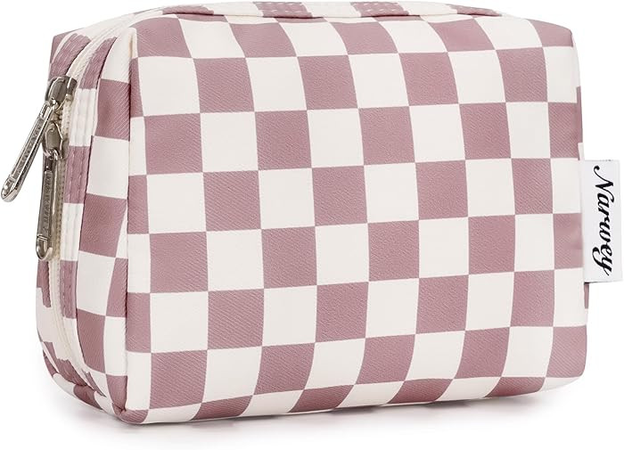 Narwey Small Checkered Makeup Bag for Purse Mini Pink Cosmetic Bag Travel Makeup Pouch Zipper Pou... | Amazon (US)