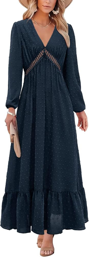 BIUBIU Women's Long Sleeve V Neck Maxi Dress Boho Fall Winter Casual Formal Lace Fashion 2022 Long D | Amazon (US)