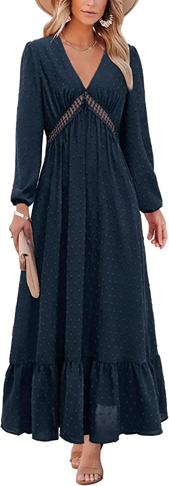 BIUBIU Women's Long Sleeve V Neck Maxi Dress Boho Fall Winter Casual Formal Lace Fashion 2022 Long D | Amazon (US)