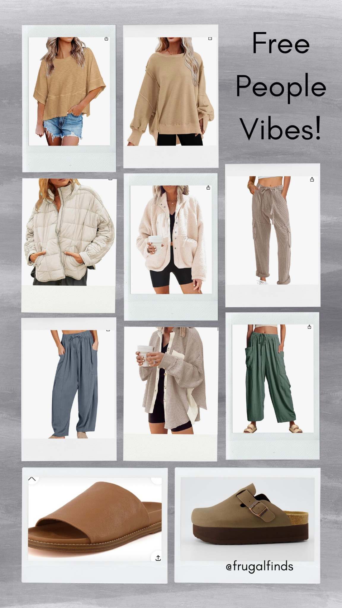 These give off Free People vibes. They aren’t exact look-alikes but they’re cute and boho and if someone told me they were FP, I’d believe it. My faves are the pants and those platform Birkenstock look alikes! 