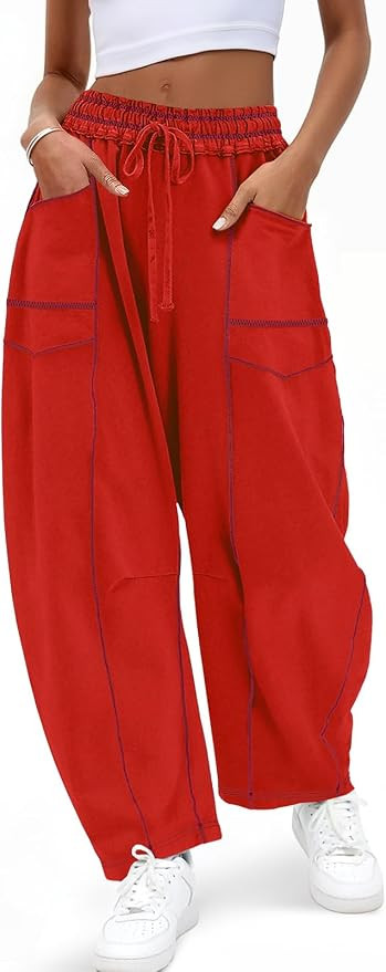 Amazon.com: Aoysky Womens Baggy Barrel Wide Leg Pants Casual Drawstring Elastic Waist Contrast St... | Amazon (US)