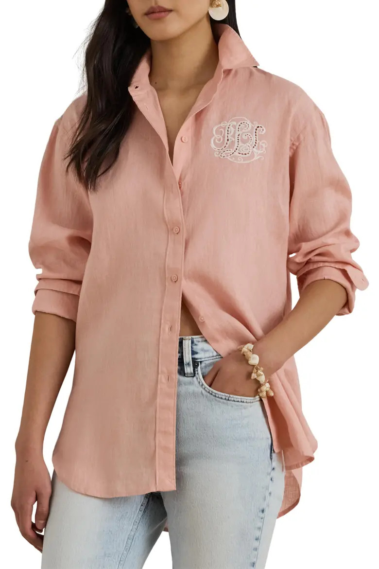 Relaxed Fit Eyelet Logo Embroidered Linen Button-Up Shirt (Women) | Nordstrom | Nordstrom