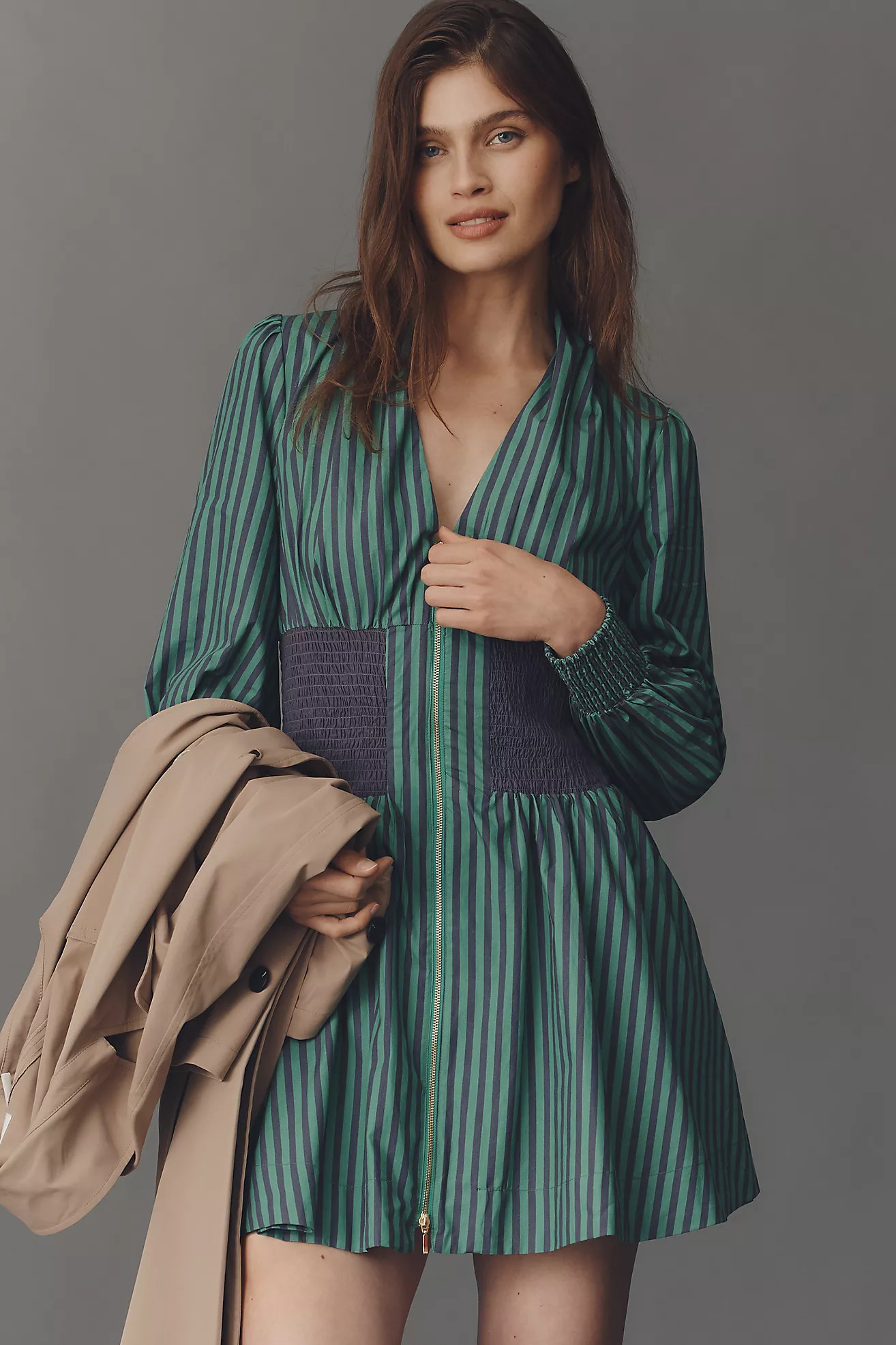 The Tommie Long-Sleeve Smocked Front-Zip Mini Shirt Dress | Anthropologie (US)