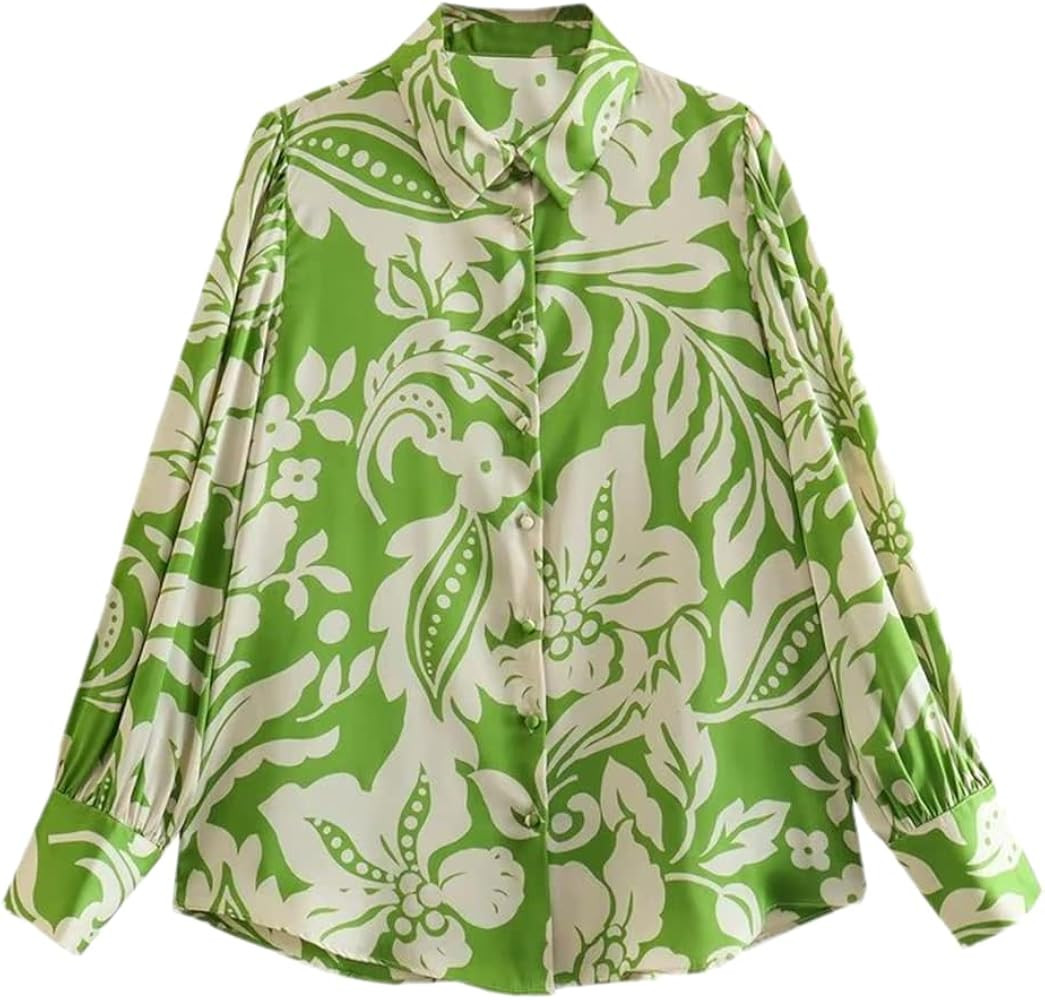 Women Boho Button Up Print Shirt Woman Long Sleeve Satin Blouse Female Casual Shirts Top | Amazon (US)