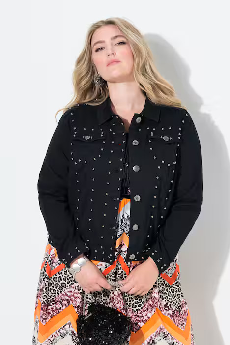 Denim jacket, BlackBlack denim, decorative beads, gemstones | Ulla Popken - US