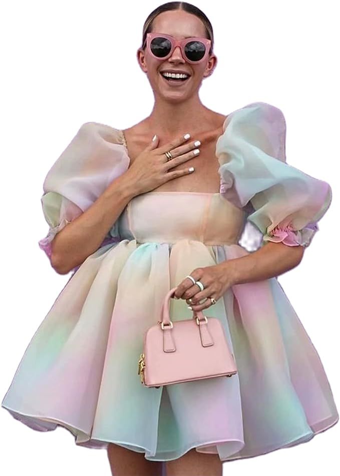 Womens Puff Sleeve Tulle Dress Princess Mini Dress Square Neck Bubble Sleeve Mesh Ruffle Dress fo... | Amazon (US)