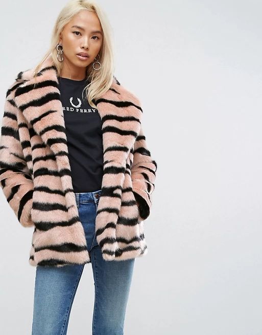Jakke Mid Length Faux Fur Coat In Animal Stripe | ASOS US