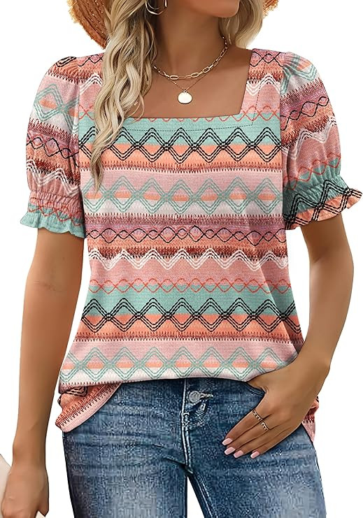 WIHOLL Tops for Women Summer Casual Ruffle Trim Sleeve Square Neck T Shirts | Amazon (US)