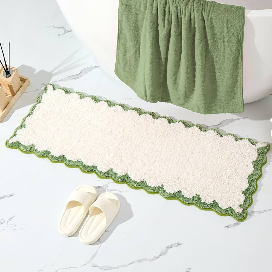 ORTIGIA Long Cute Scalloped Bathroom Rugs Runner, Fun White and Green Plush Microfiber Scallop Ba... | Amazon (US)