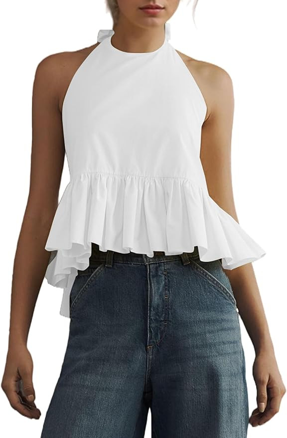 OLAPTA Women Halter Neck Backless Tank Tops Peplum Ruffle Hem Sleeveless Sexy Summer Open Back Va... | Amazon (US)