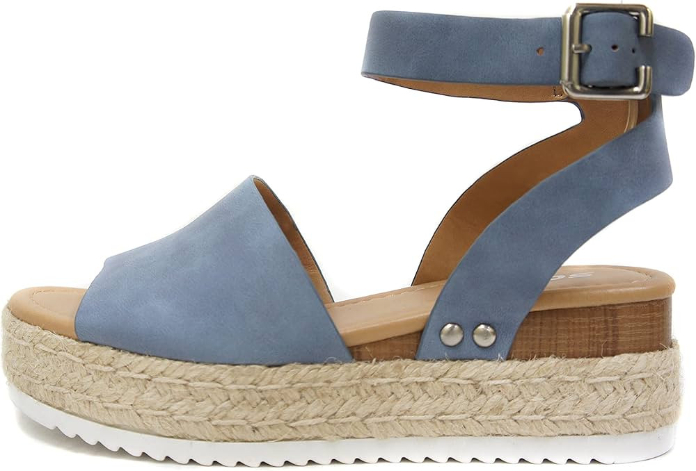 Soda Topic Open Toe Buckle Ankle Strap Espadrilles Flatform Wedge Casual Sandal | Amazon (US)