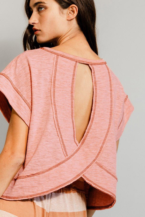 Peach Oversized Tee - Cropped Open Back Tee | Boho Pink | Boho Pink