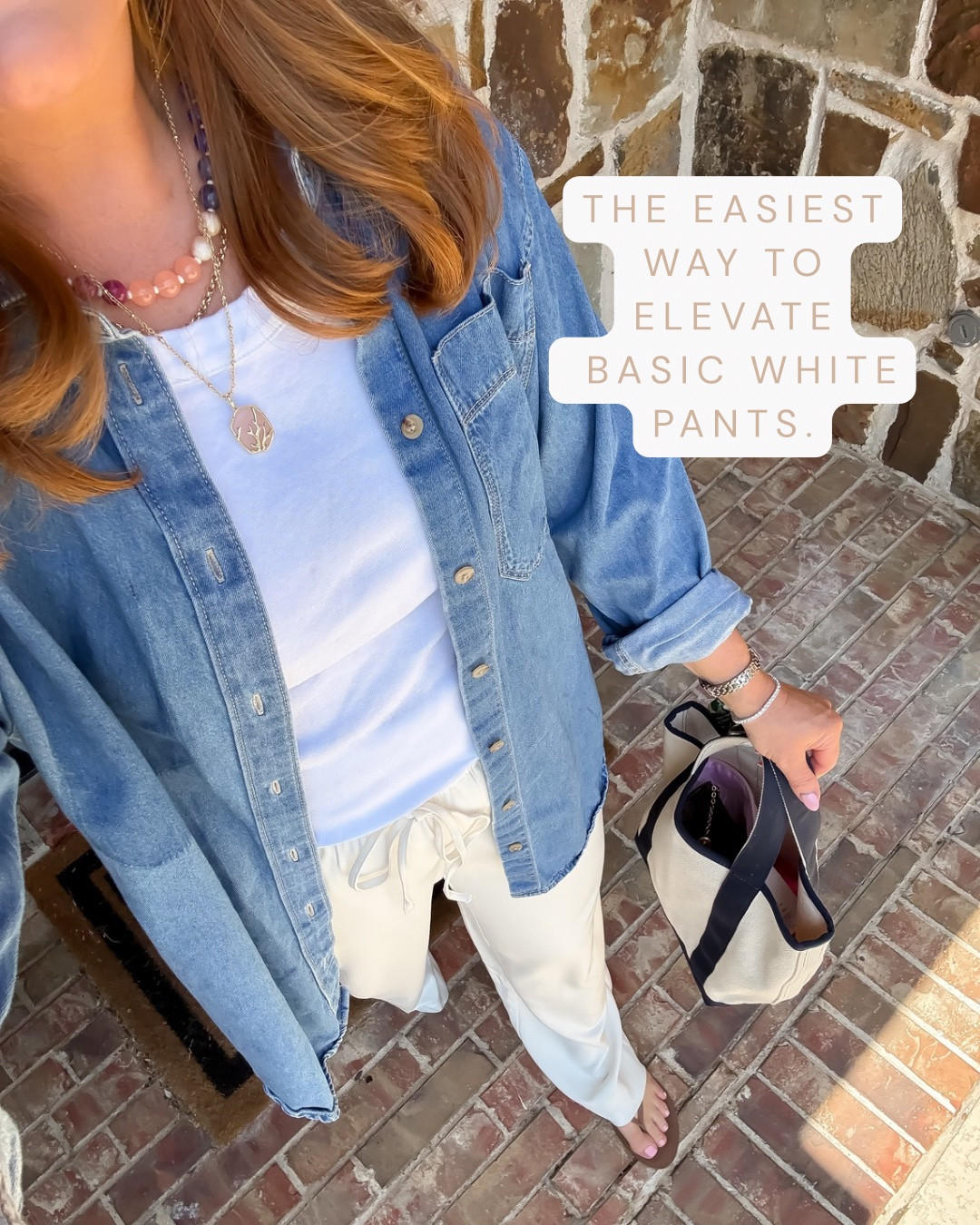 ✨ Sizing: Denim shirt - medium, pants- small

A denim button-down is one of the most versatile layers you'll own. Throw it over a basic tank and white pants for an effortless outfit that works for everything from coffee runs to casual dinners.

SEO: denim shirt outfit, white linen pants, casual chic, elevated basics, everyday outfit, capsule wardrobe