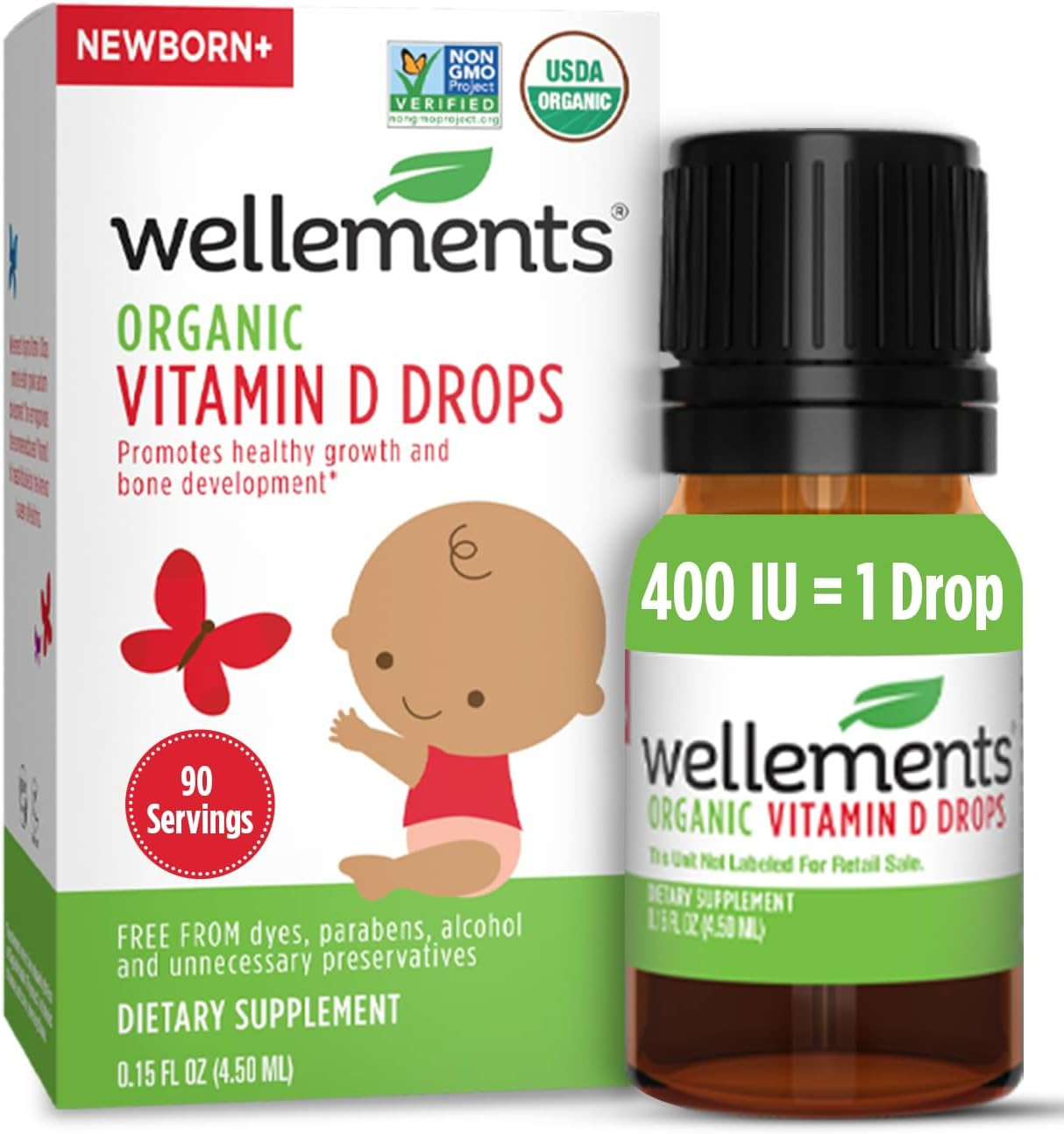 Wellements Certified Organic Baby Vitamin D Drops | Liquid Vitamin D3 Supplement for Infants & Toddlers, 1 Drop a Day, Promotes Healthy Growth, Bone Development* | 0.15 Fl Oz | Amazon (US)