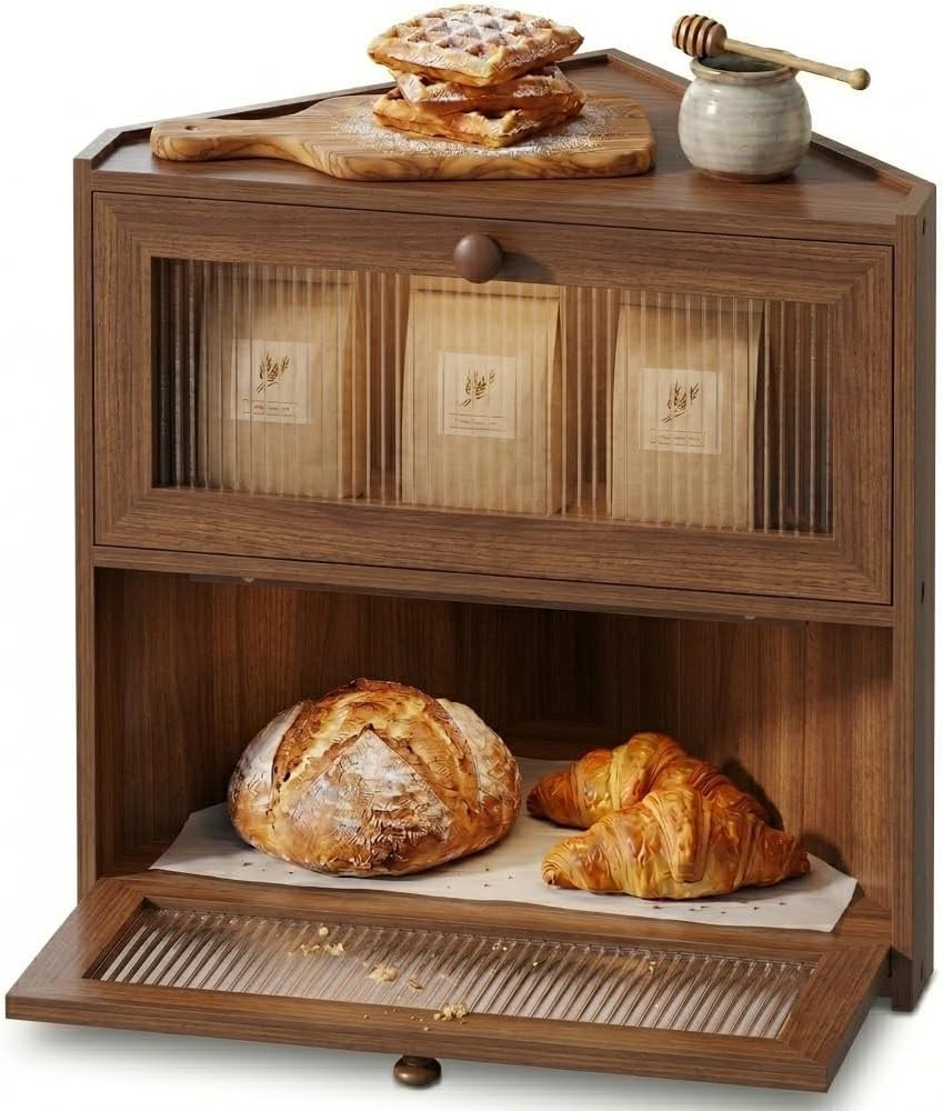 Brown Corner Bread Box,2 Tier Bamboo Bread Box for Kitchen Countertop | Amazon (US)
