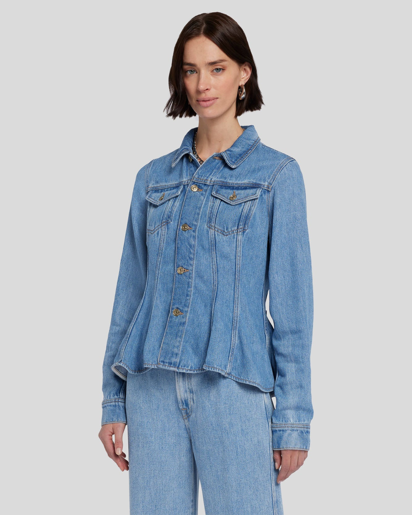 Denim Lustre Flounce Trucker Jacket in Valentine | 7 For All Mankind