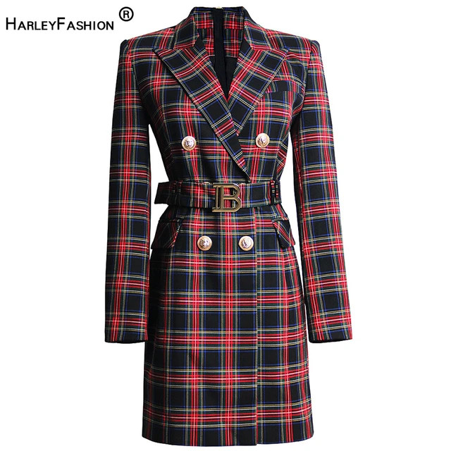 HarleyFashin-Robes Blazer de Carrière avec Ceinture pour Femme, Imprimé à Carreaux Classique, ... | Aliexpress EU