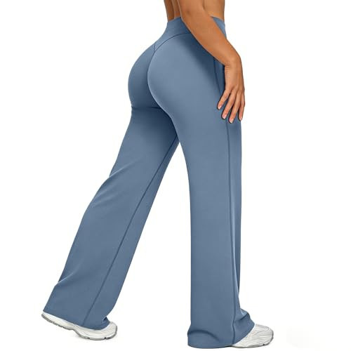 RICH BRIA Straight Leg Leggings for Women Wide Leg Yoga Pants High Waist Stretch Casual Bottoms Buttery Soft Leggings Dusty Blue | Amazon (US)
