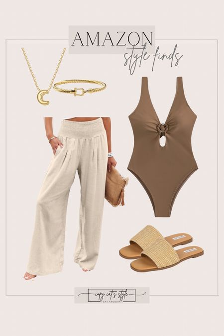 Amazon Resort Style, neutral swimsuit, vacation style, beach pants, summer sandal

#LTKStyleTip #LTKTravel #LTKSwim