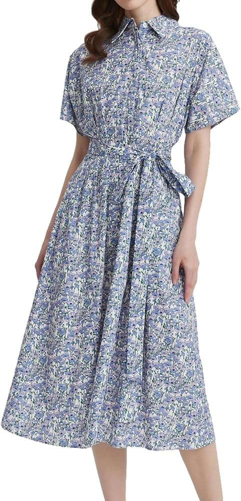 Womens Summer Floral Maxi Dress Short Sleeve V Neck Button Belt Casual Long Flowy Shirt Dress | Amazon (US)