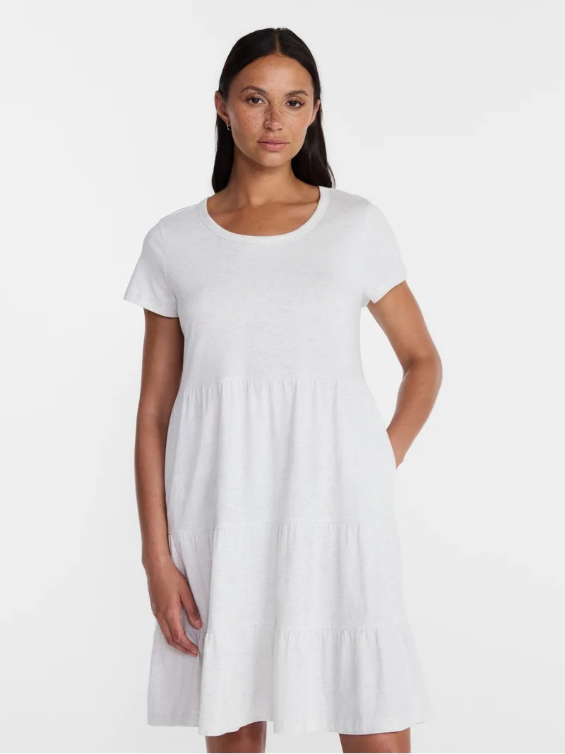 Time and Tru Women's Tiered Cotton Mini Dress with Short Sleeves, Sizes XS-XXXL | Walmart (US)