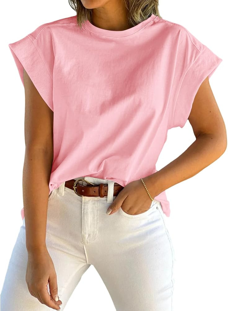 Tankaneo Womens Summer Cap Sleeve Tank Top Crew Neck Solid Casual Loose Fit Basic Tee Shirt | Amazon (US)
