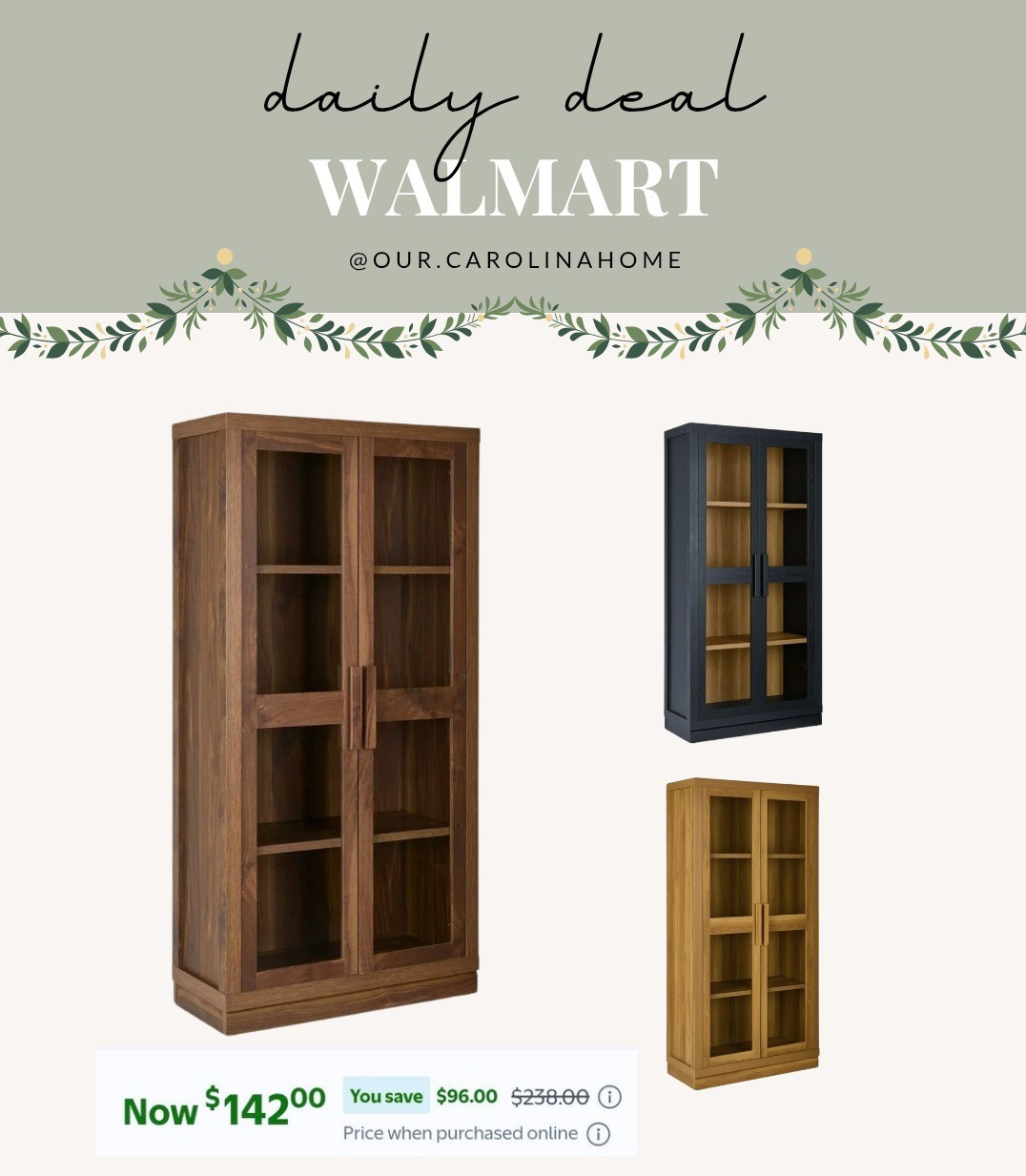 Great deal on these beautiful glass accent cabinets from Walmart. Come in walnut, natural and black finishes. Daily deals on home decor. Neutral home decor finds.

#LTKHoliday #LTKHome #LTKSaleAlert