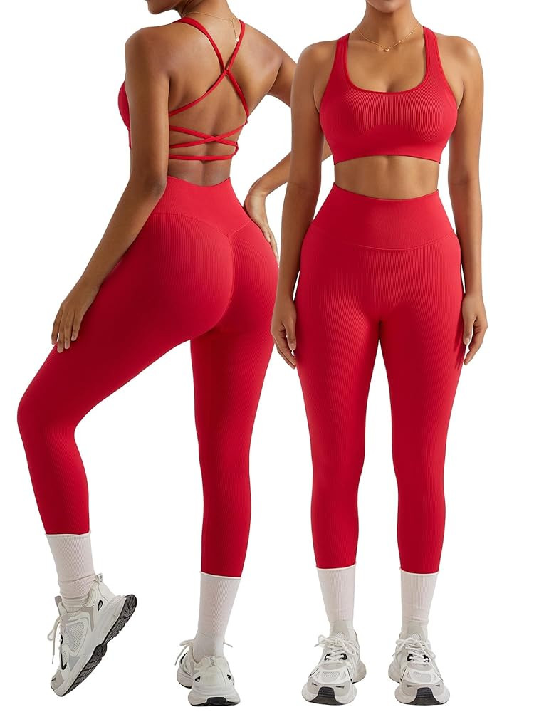 OMKAGI Women Ribbed Workout Sets Seamless Strappy Sport Bra Butt Lifting Leggings Outfits | Amazon (US)