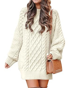 ANRABESS Women Crewneck Long Sleeve Oversized Cable Knit Chunky Pullover Short Sweater Dresses | Amazon (US)