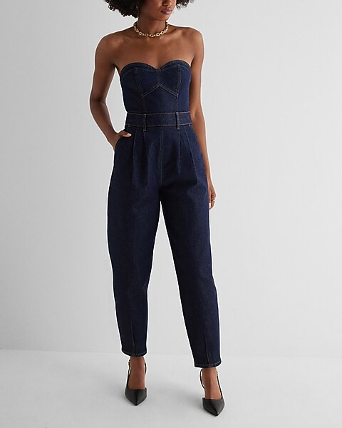 Denim Sweetheart Neckline Tapered Leg Jumpsuit | Express