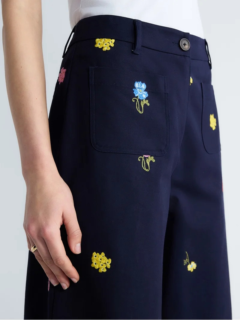 Free Assembly Women's Embroidered Wide Leg Cropped Pants, 26" Inseam, Sizes 0-18 | Walmart (US)