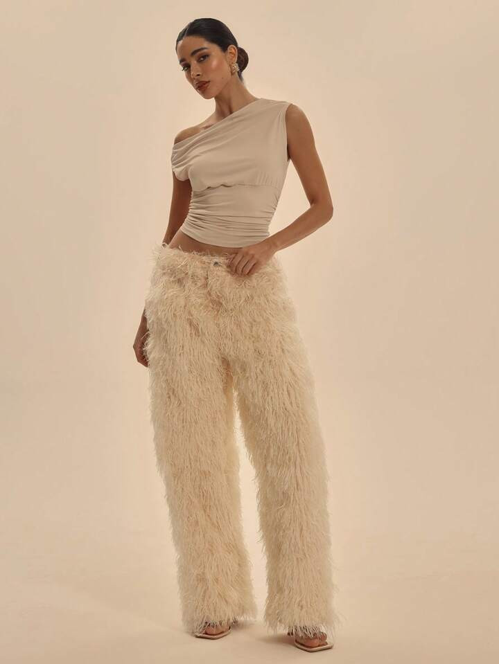 MUSERA Mid Rise Extreme Fluffy Straight Leg Trousers Spring Summer Sexy Elegant Prom Vacation Clu... | SHEIN