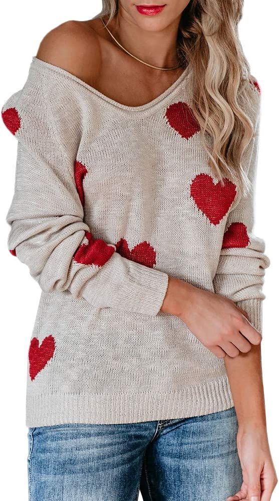 Sherrylily Womens Lightweight Pullover Off Shoulder Batwing Sleeve Heart Print Sweaters Knit Shir... | Amazon (US)