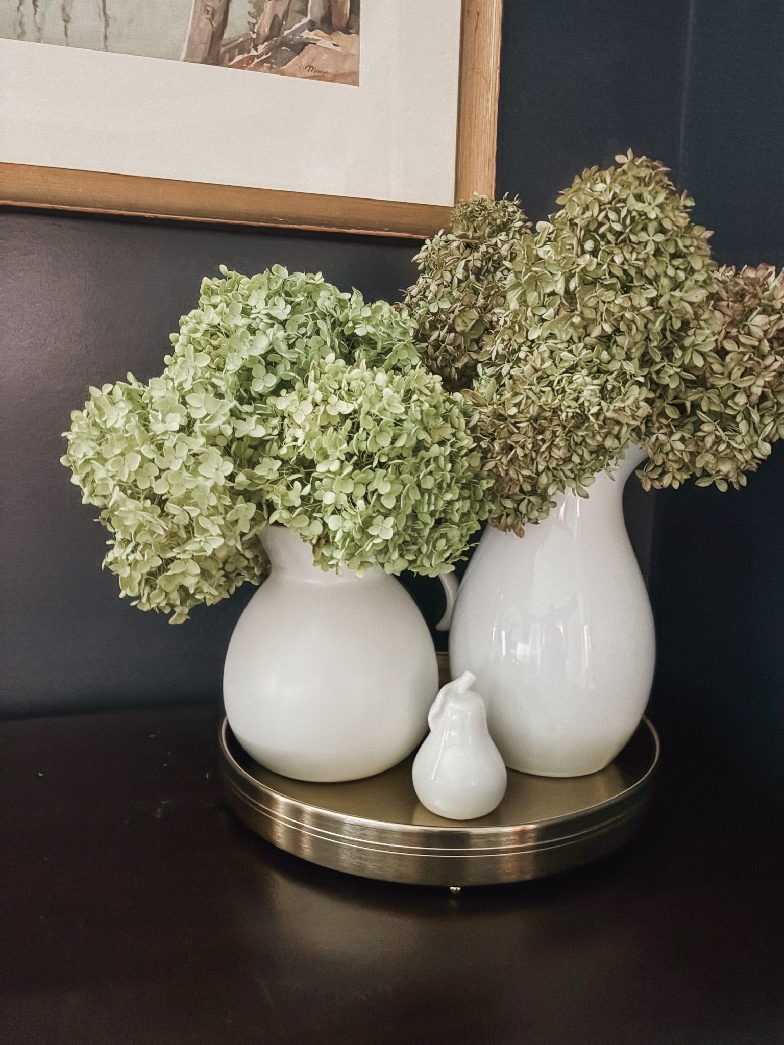 Fall decor using my dried hydrangeas, white vases, and a Target tray.  I have linked similar faux hydrangeas.  The little pear is an oldie but I have linked similar as well.

#LTKHome #LTKSeasonal