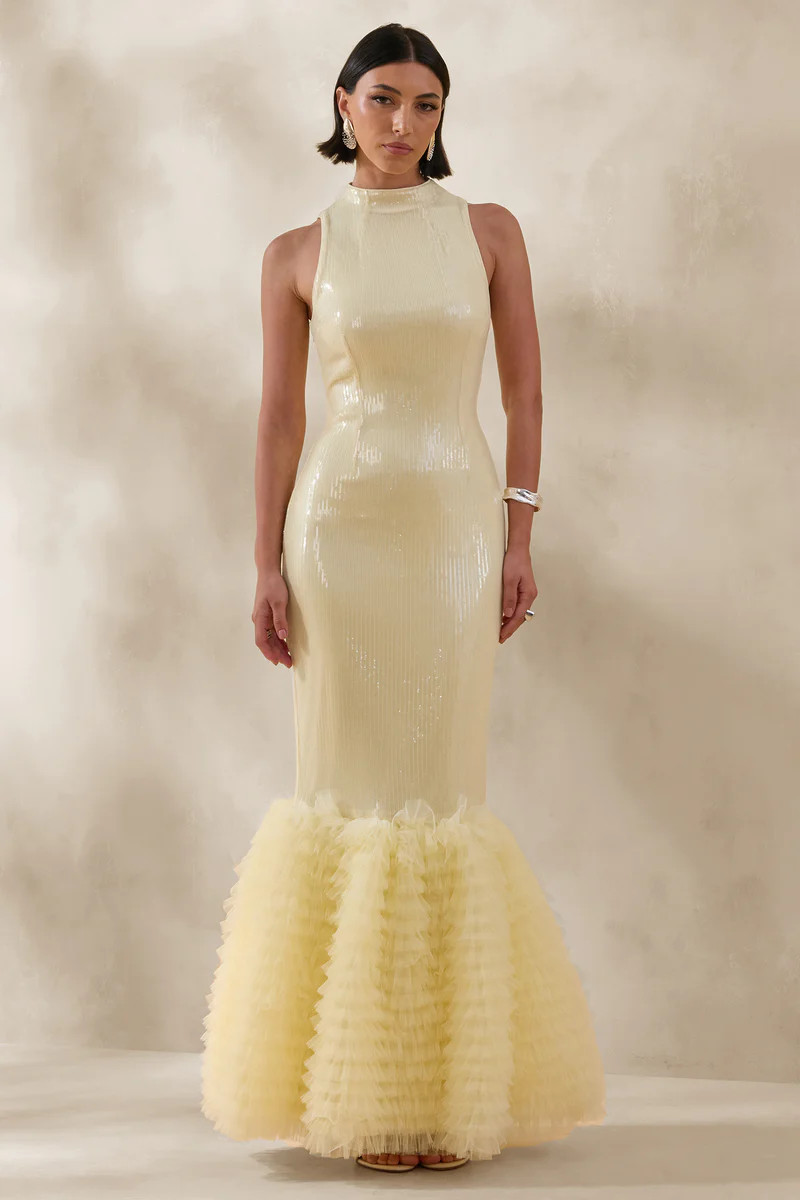 Teila  Lemon Sequin High-Neck Fishtail Maxi Dress | Club L London