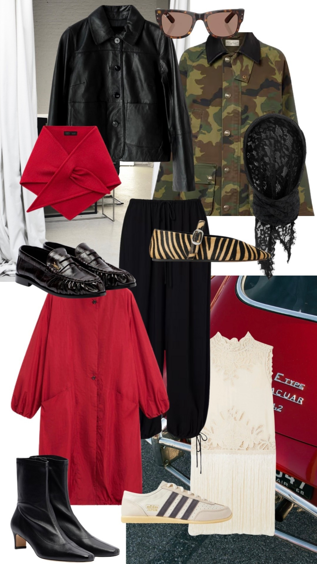 New Season Edit ❤️ red jacket, animal print shoe, tasseled top, lace, red triangle scarf, camo jacket, leather jacket, sunglasses, loafers, tove trousers | Massimo Dutti, Sea NY, capsule wardrobe, boots, adidas, sneakers 

#LTKuk #LTKstyletip #LTKluxury