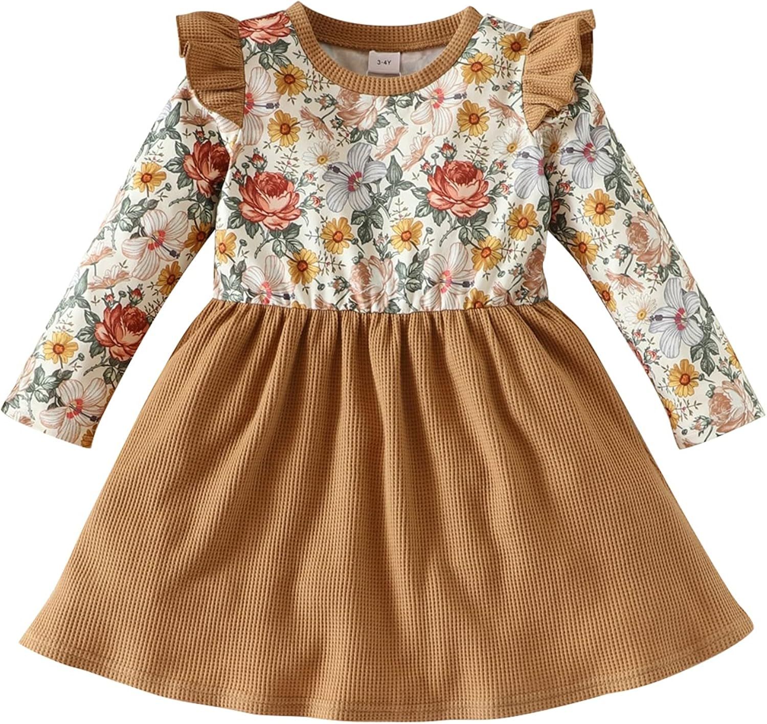 Toddler Baby Girl Floral Dress Bow Splicing Ruffle Long Sleeve Dresses Cute Infant Fall Winter Dress | Amazon (US)