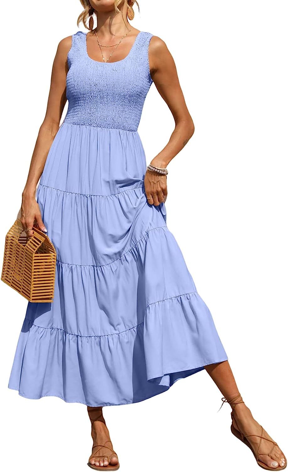 PRETTYGARDEN Women's Casual Loose Plain Maxi Sundress Smocked Tank Dress Sleeveless Summer Beach ... | Amazon (US)
