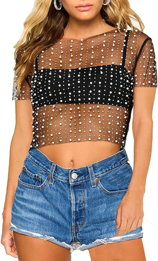 LOFAAC Women Sexy Pearl Rhinestone Beaded Sheer Mesh Crop Tee Shirt Slim Fit Short Sleeve See Thr... | Amazon (US)
