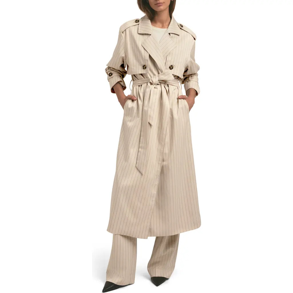 Favorite Daughter The Charles Pinstripe Trench Coat in Warm Sand Pinstrip at Nordstrom, Size Large | Nordstrom