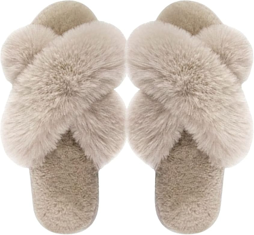 Ladies Warm Cross Band Slippers Soft Faux Rabbit Fur Plush Furry Cosy Open Toe House Shoes Indoor Ou | Amazon (UK)