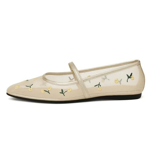 MAVMAX Beige Mesh Ballet Flats for Women Tulle Floral Embroidered Mary Jane Ballerina Round Toe Comfortable Daily Dress Ballet Flats Shoes with Strap | Amazon (US)