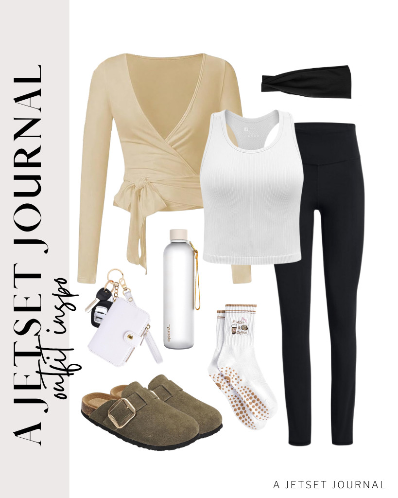 For a beige SweatyRocks pilates wrap on top of a racerback tank top, you can pair it with comfy black leggings and a matching wide elastic hairband. Carry this Opard slim water bottle with you and step into Project Cloud slip-on Clogs to complete the fit.

#LTKSeasonal #LTKSaleAlert #LTKTravel
 

 