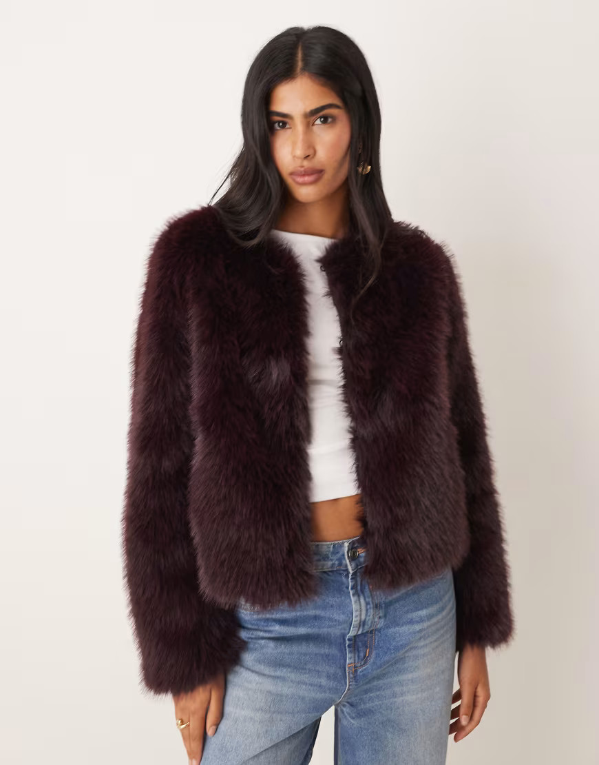 Threadbare faux fur collarless jacket in fig-Red | ASOS (Global)