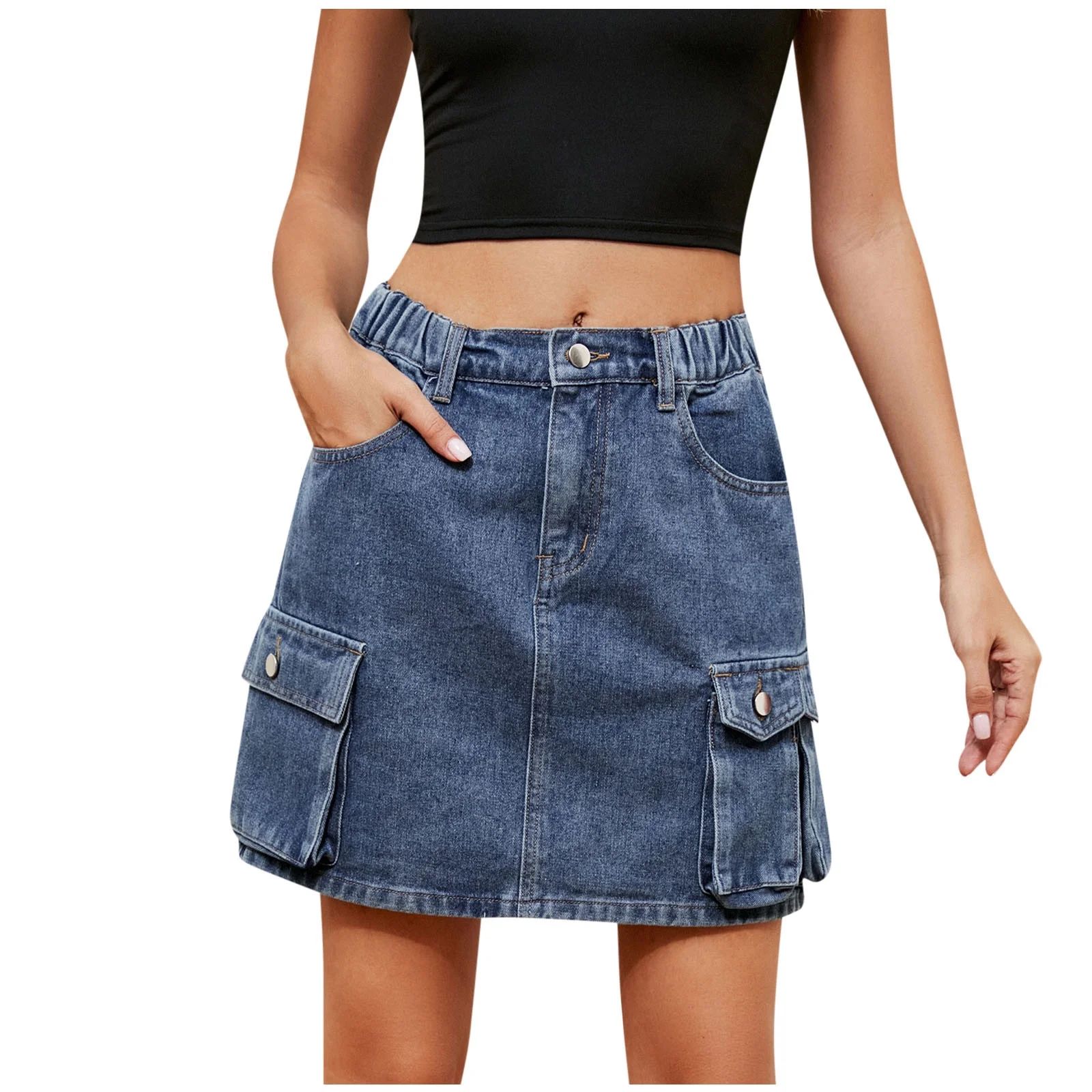 Lovskoo 2024 Women's Mini Denim Skirt Streetwear Elastic Waist Workwear Pocket Short Skirt Half S... | Walmart (US)