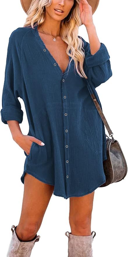 iGENJUN Women's Long Sleeve Button Down Oversized Tunic Dress Shirt Boho Dresses with Pockets | Amazon (US)